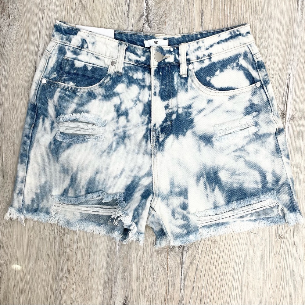 bp Blue & White Tie-Dye Distressed Denim Shorts